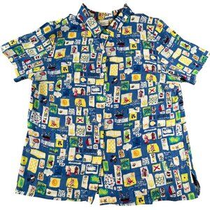 Vintage Koret Francisca Shirt Men Large Riviera Travel Print Blue Seersucker 90s